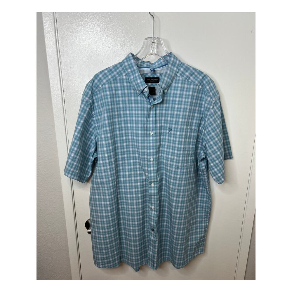 Ariat Pro Series Men's Short Sleeve Button Down Shirt Blue Plaid ~ Size XL